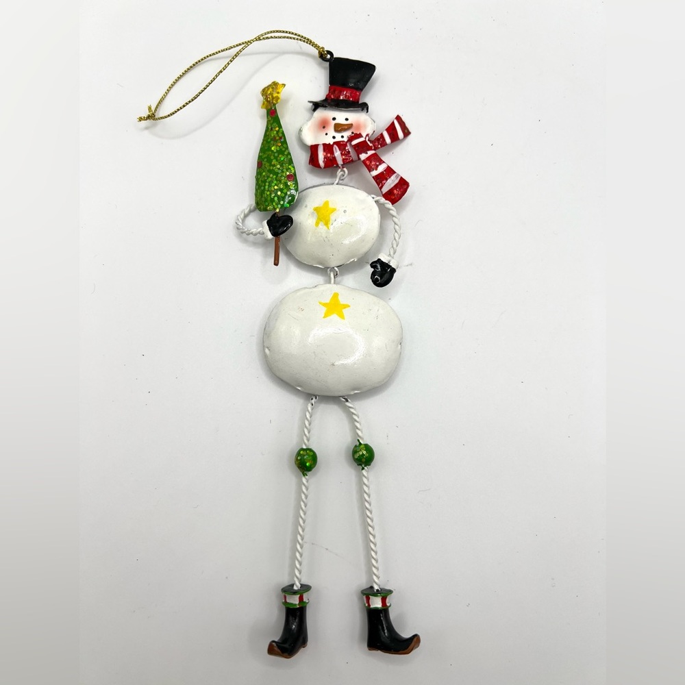 Vintage Snowman Metal Primitive Christmas Tree Ornament Dangle Long Legs 8.5 in